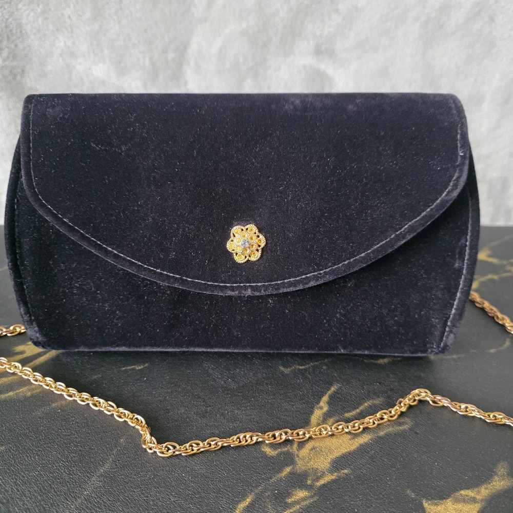 Vintage La Regale Black Velvet Clutch Bag Gold Chain Strap Evening Pouch
